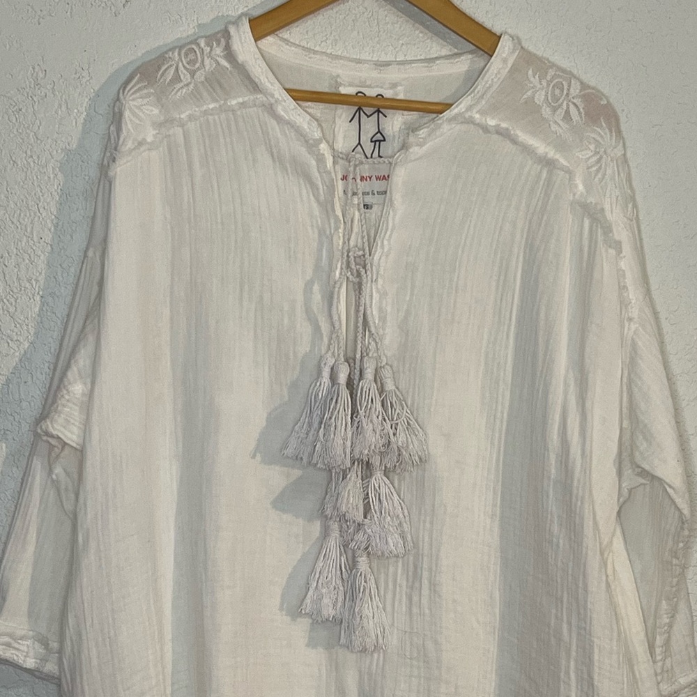 Johnny Was boho tassel tie cotton gauze embroidered tunic Gypsy Coastal Beach - Picture 2 of 11